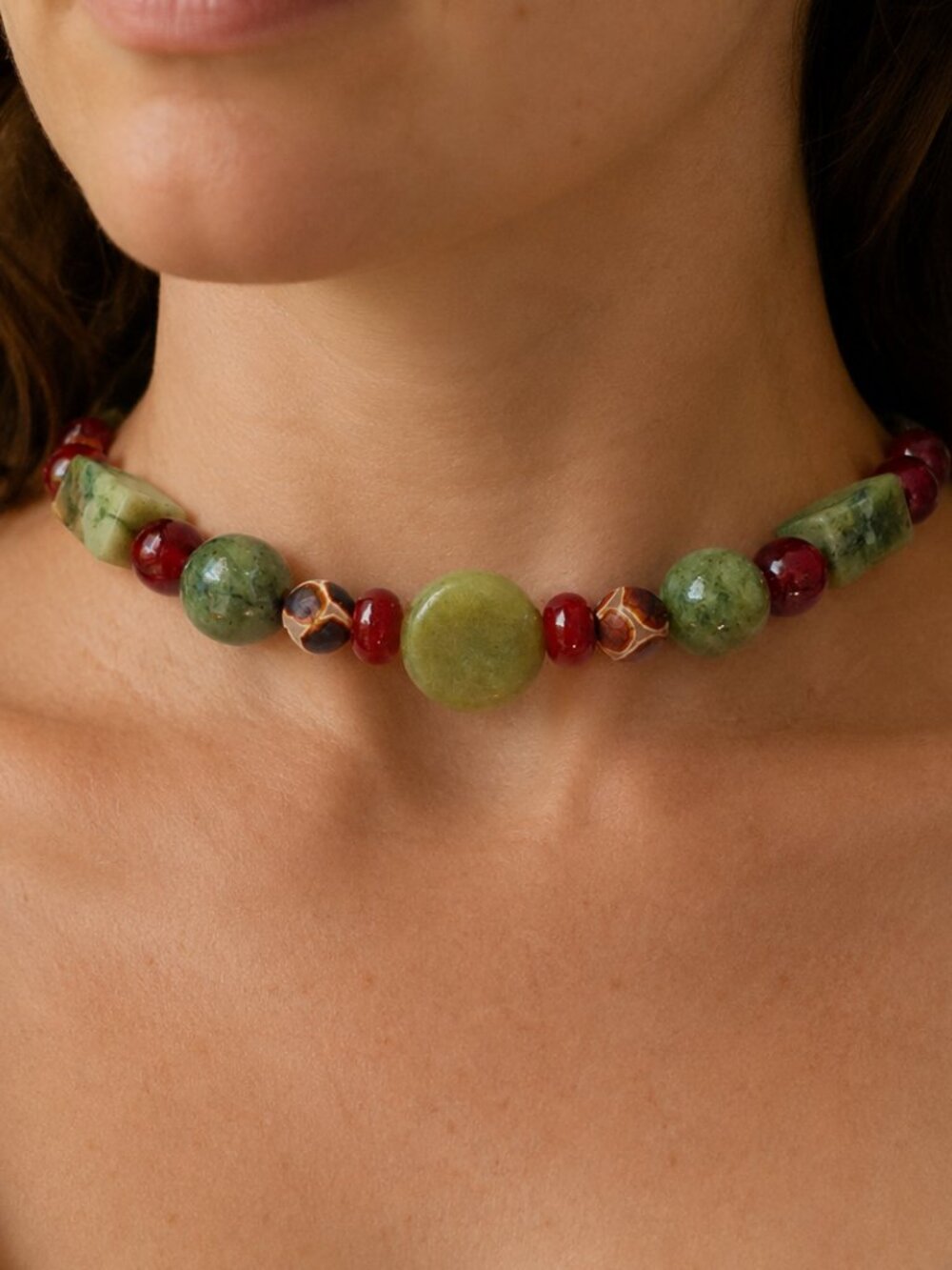 Goblincore Serpentine, Jade & Onyx Beaded Choker, Stainless Steel Clasp, Chain